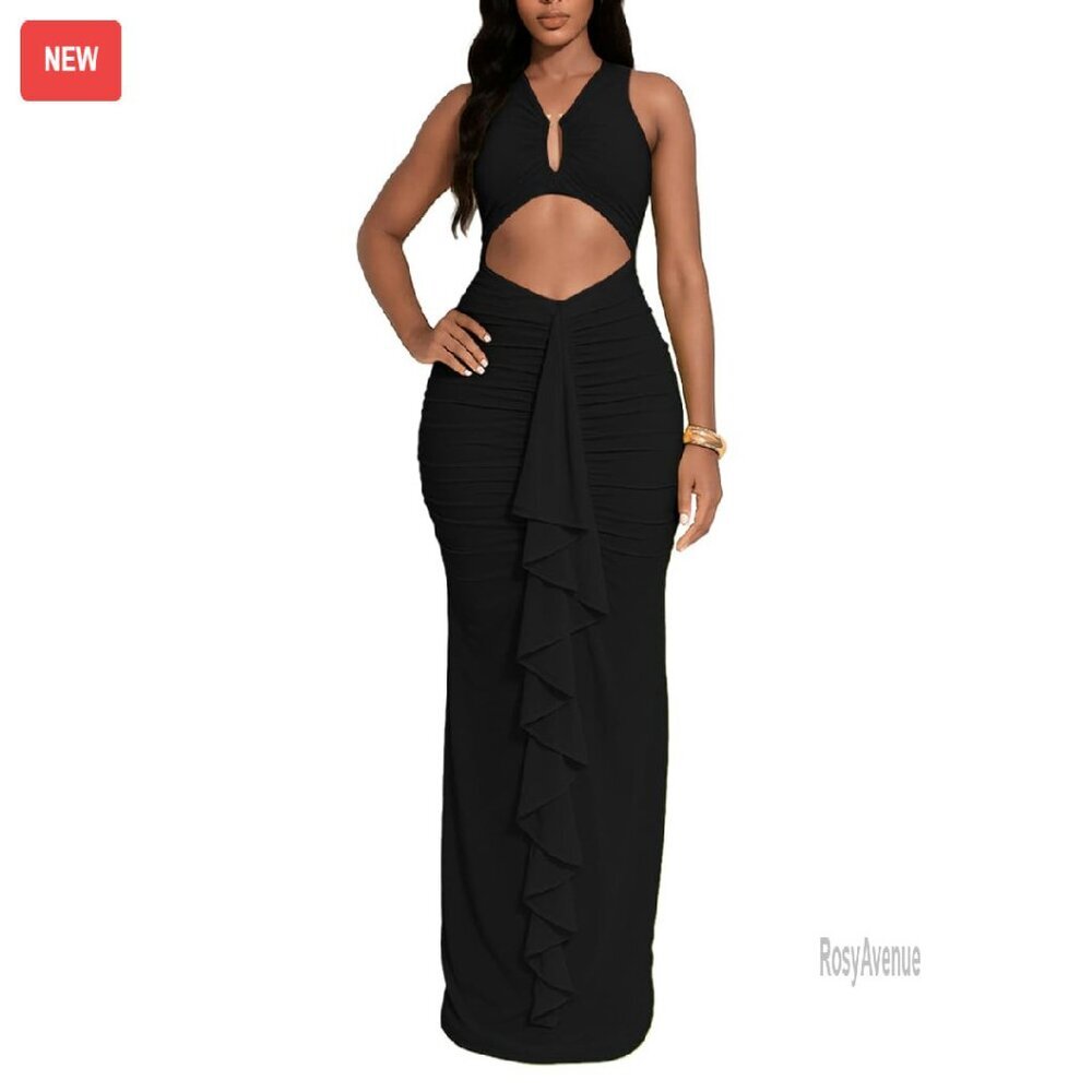 Sexy Ruffle Midi Dress V-Neck Bodycon Sleeveless Ruched Club Date Night - Picture 1 of 7
